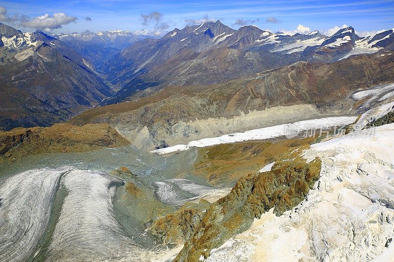 冰川上泽马特阿尔卑斯山谷瑞士村全景，瑞士阿尔卑斯山