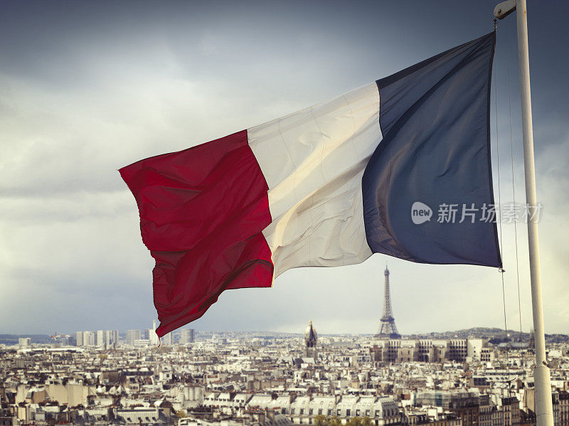 埃菲尔铁塔和法国国旗的巴黎全景