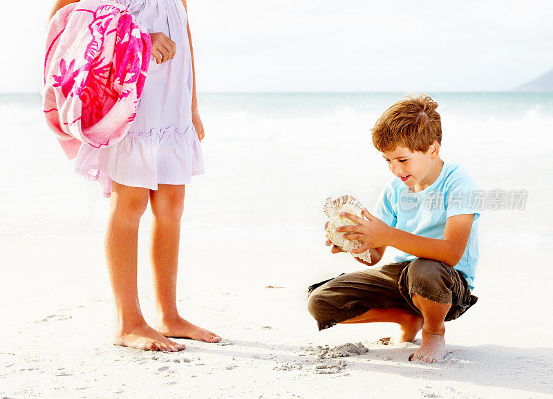 孩子们在海边，快乐的小男孩在玩贝壳