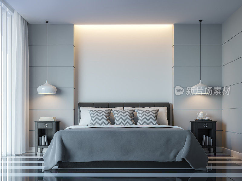 现代白色卧室简约风格3D渲染图像