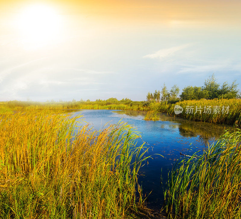 日落时草原中的夏日湖泊