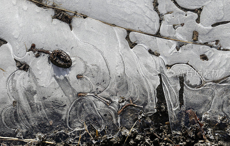 抽象的漩涡冰在冻结的冬季水坑