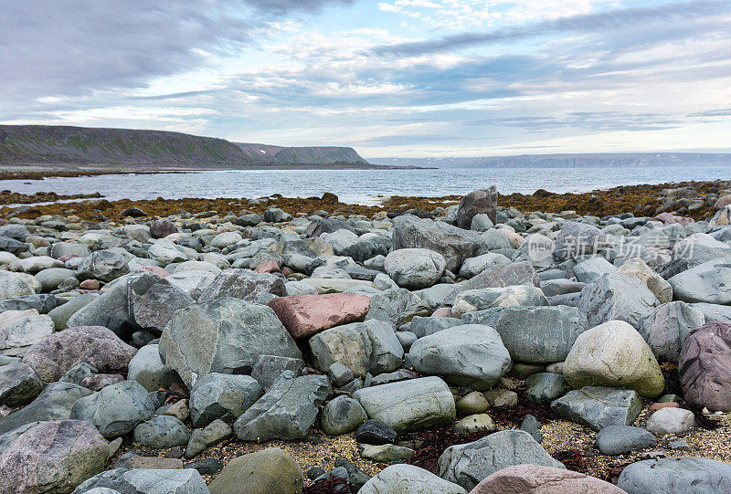 挪威芬兰人马克，巴伦支海沿岸的蓝色和粉红色的石头