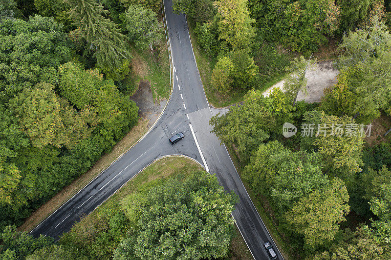 道路交叉口森林鸟瞰图