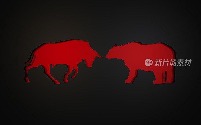股票市场上用的牛和熊的标志贴花。三维渲染