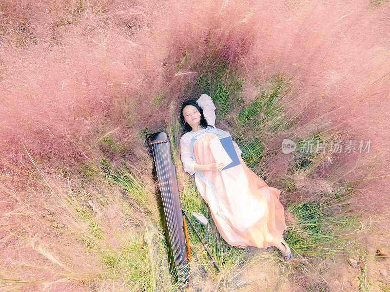 肖像美丽的年轻中国妇女穿着古装躺在传统风格的书籍和古琴在粉红色的头发多的领域，鸟瞰。
