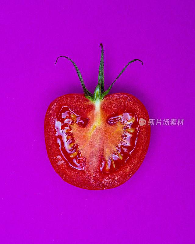 单半沙拉番茄，以鲜艳的紫色背景为中心，具有波普艺术风格