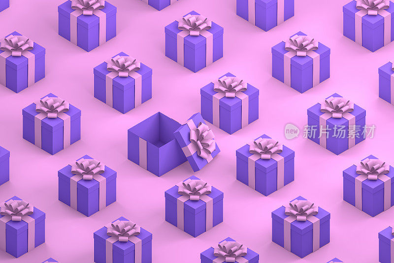紫色礼盒与粉色丝带最小3d设计，等距视图
