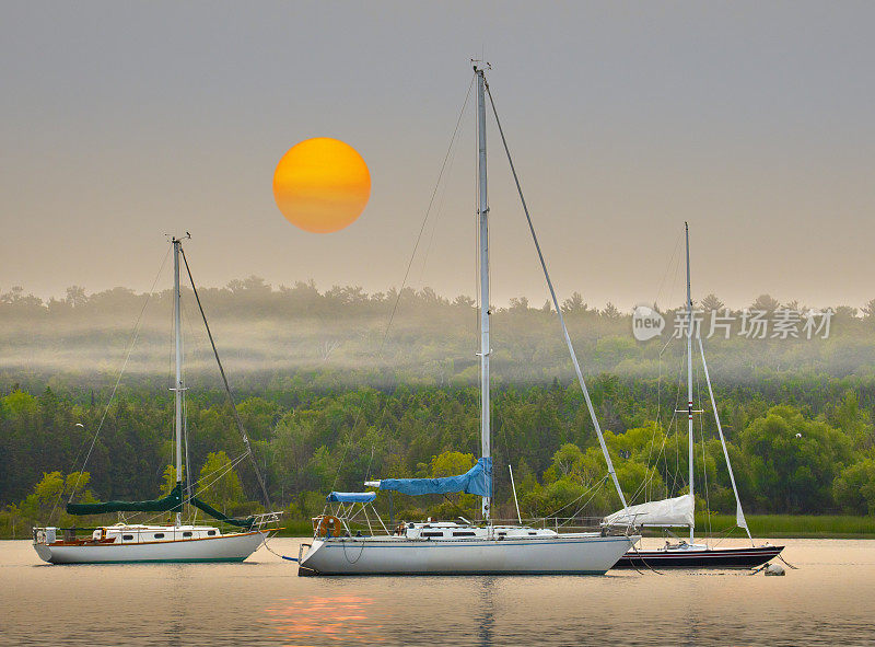 日出时分，三艘美丽的帆船出现在雾蒙蒙的海湾。