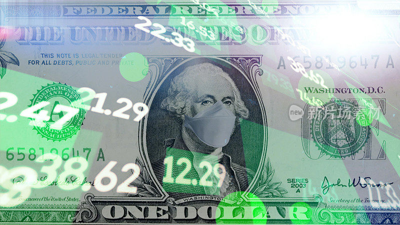 一美元的纸币和防护口罩在数字空间的数字。美国冠状病毒大流行的概念。