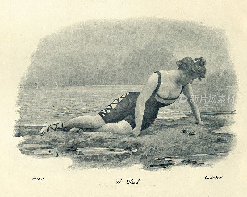 穿着游泳衣的维多利亚时代年轻女子，19世纪