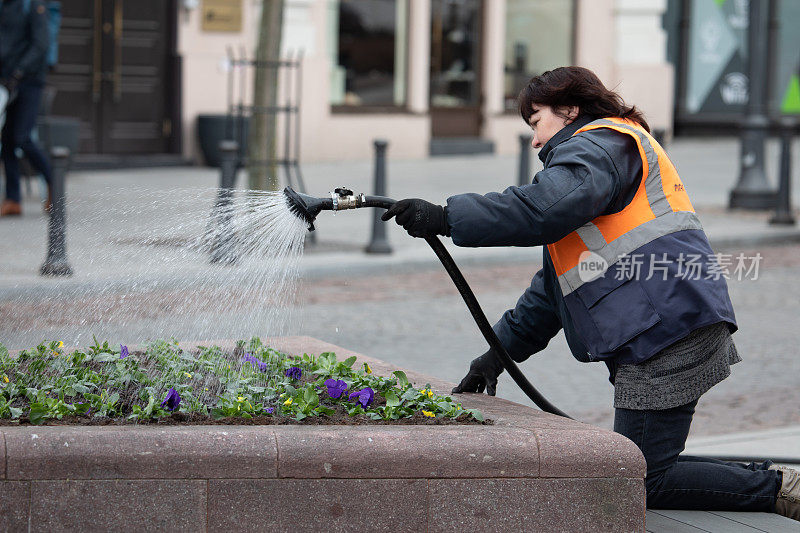女性城市改善工人在花上洒水