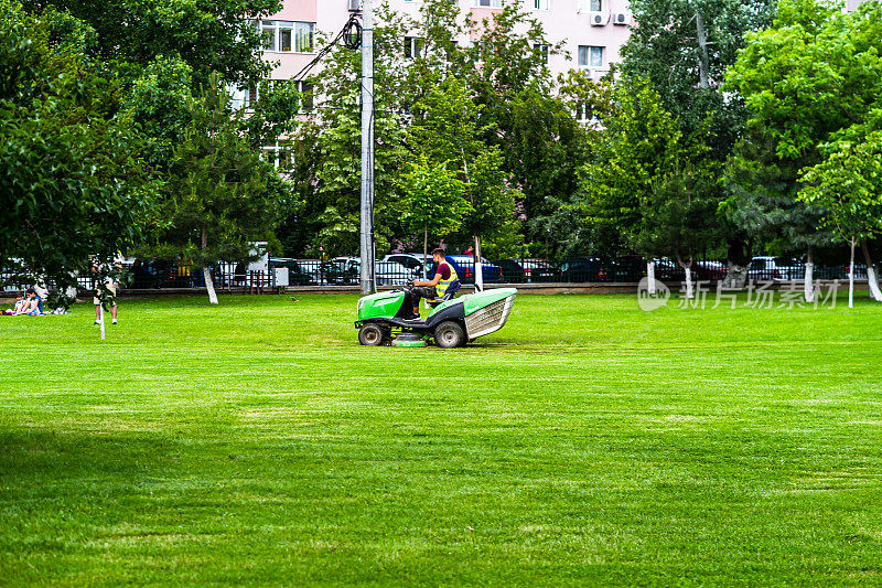 人类驾驶着工业割草机，在公园里修剪草坪。