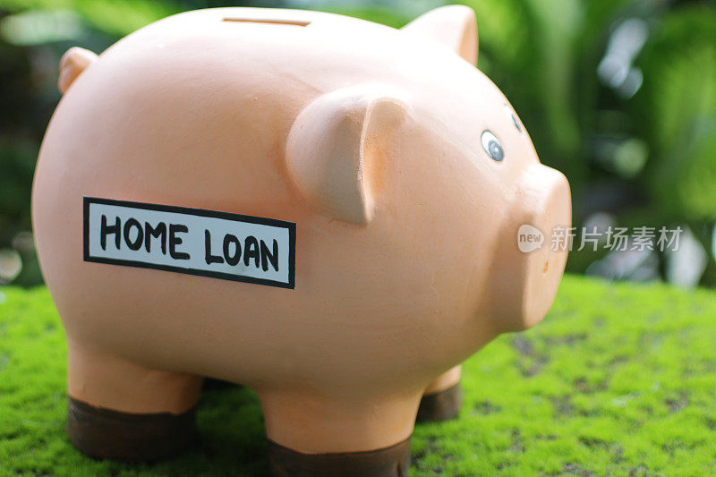 特写图像的小猪银行与插槽顶部与家庭贷款标签，家庭财务和储蓄的概念