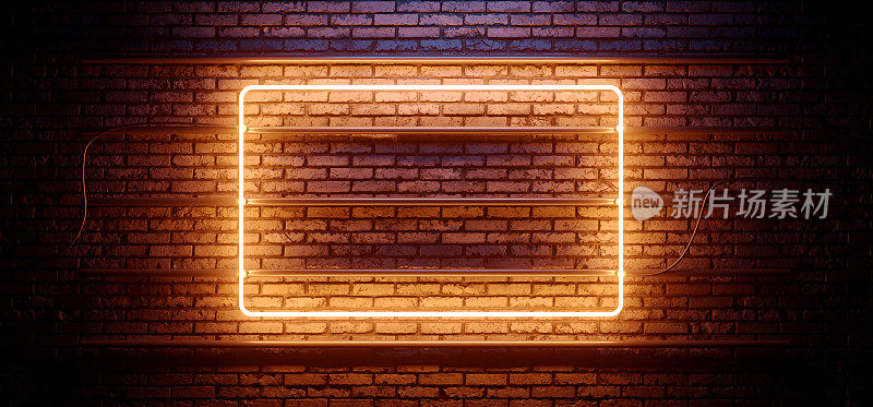 霓虹灯复古橙色充满活力的俱乐部舞蹈标志框架矩形电子发光灯在旧粗糙砖街道夜墙荧光网络现代3D渲染