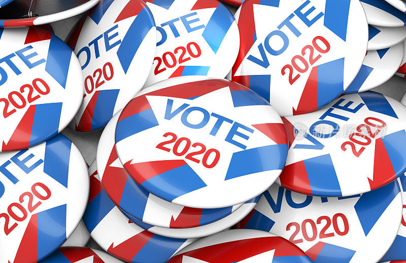 投票选举徽章按钮为2020年，投票美国2020年，3D渲染