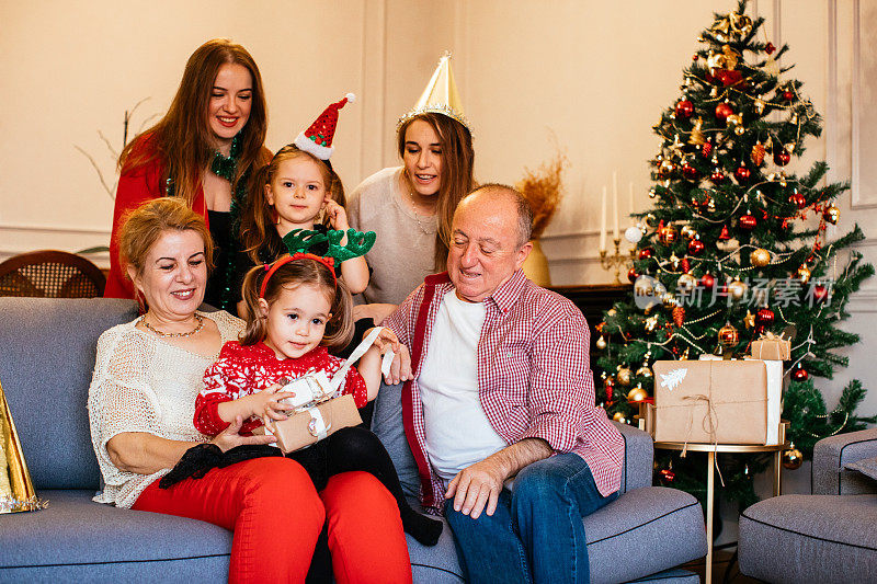 快乐的一家人坐在圣诞树的背景上