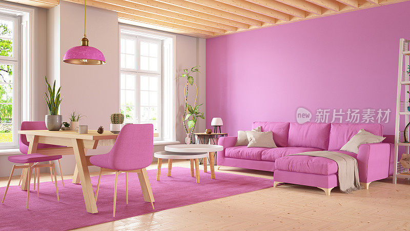 淡粉色客厅，沙发和家具