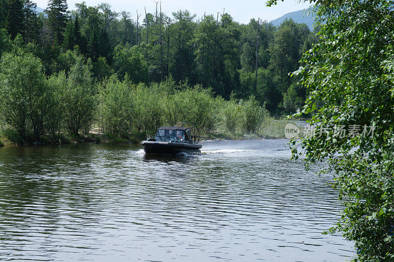 Snezhnaya河上的汽艇。俄罗斯西伯利亚