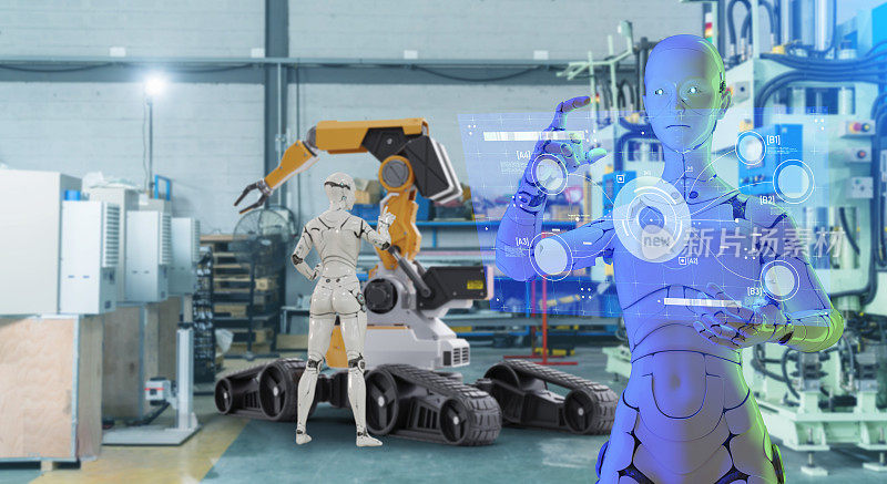 计算机辅助制造M2M自动化技术工业4.0,3D机器人在工厂工作，未来数字技术AI人工智能在工业工厂生产线的概念。