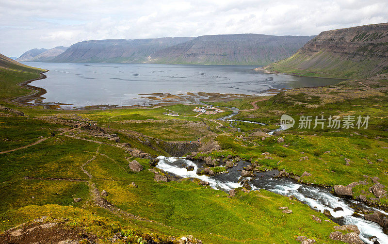 Dynjandi的停车位。Dynjandi瀑布是冰岛西峡湾最著名的瀑布