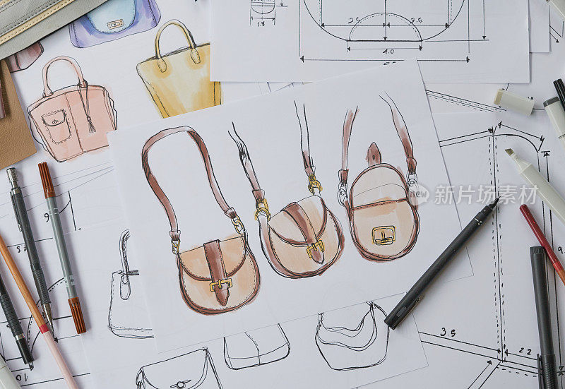 设计师时尚素描绘制设计模板图案皮革手拿包手提包钱包女人女人时尚时尚豪华优雅的配件。