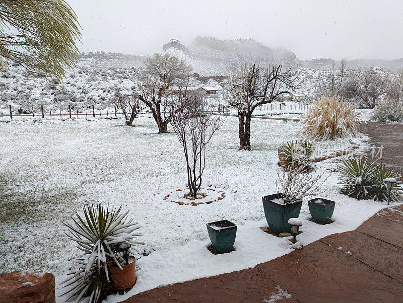 犹他州罗克维尔的南梅萨在冬末下雪