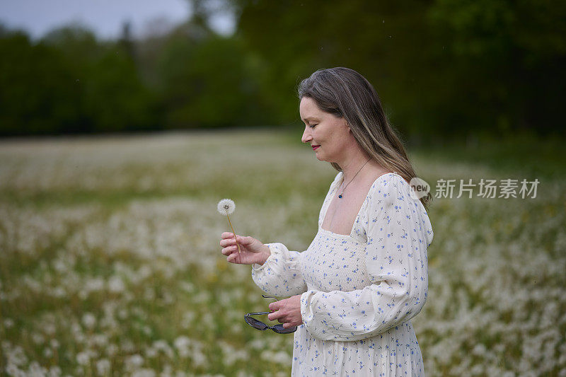 有蒲公英茎的中年成年女子