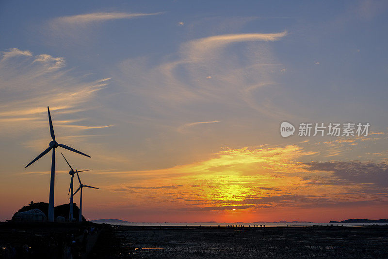 夕阳下的风力涡轮机