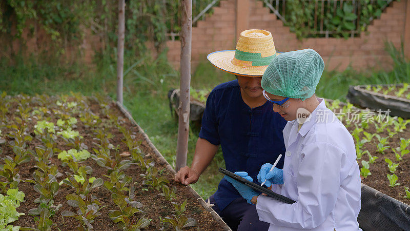 女性植物学家和农民用数字平板电脑分享见解和想法。