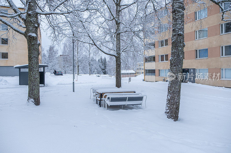 芬兰被雪覆盖的城市庭院，一个放松的地方和雪中的树木。