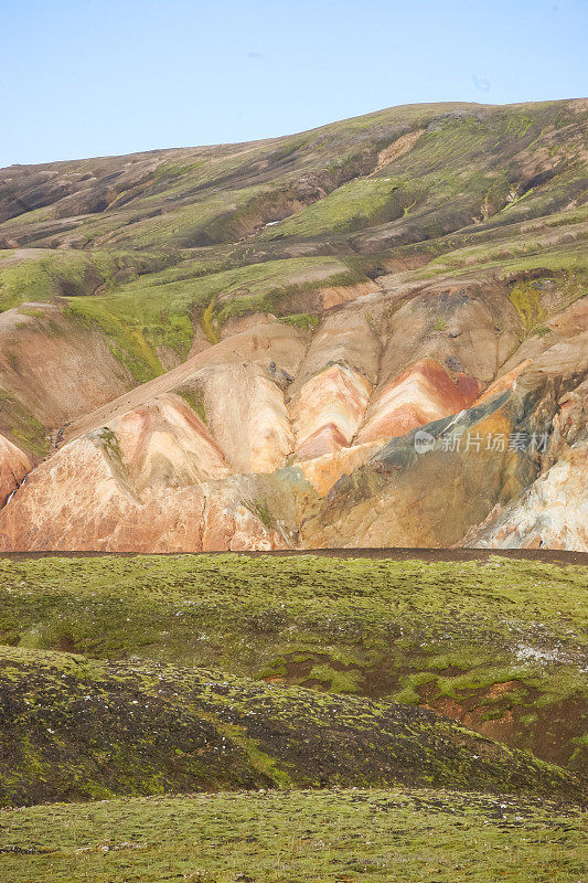 冰岛Laugevegur步道起点的Landmannalaugar周围起伏的、色彩斑斓的山脉