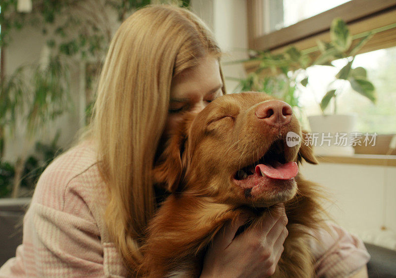 一位女士和心爱的宠物狗新斯科舍省鸭鸣猎犬一起躺在沙发上，愉快地抚摸着它