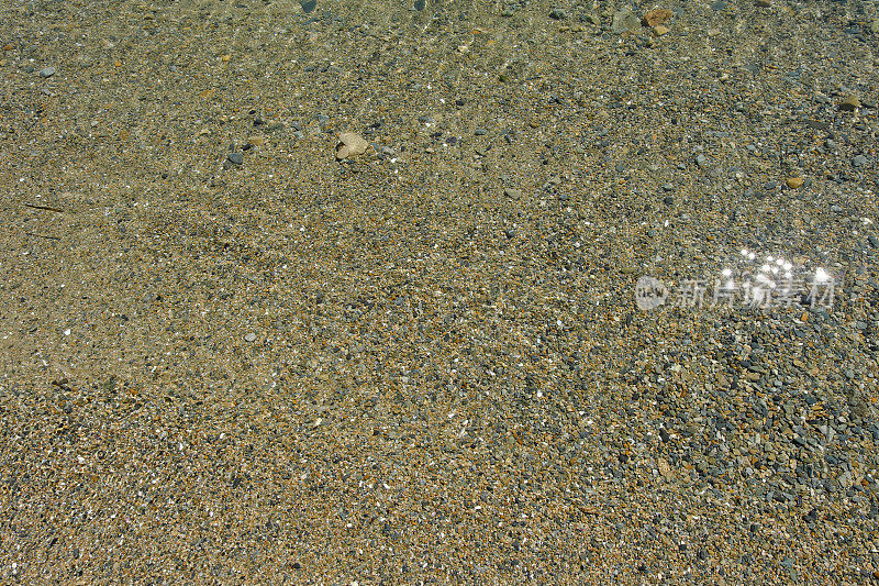 沙质的海底有着最纯净透明的海水，阳光在海浪上闪耀。抽象的背景。