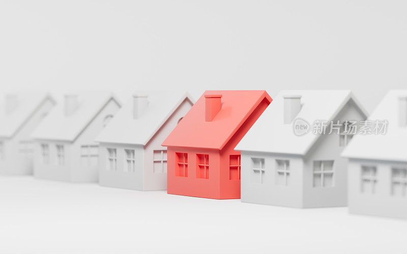 一排房子里的红房子，选对房子，3d渲染。