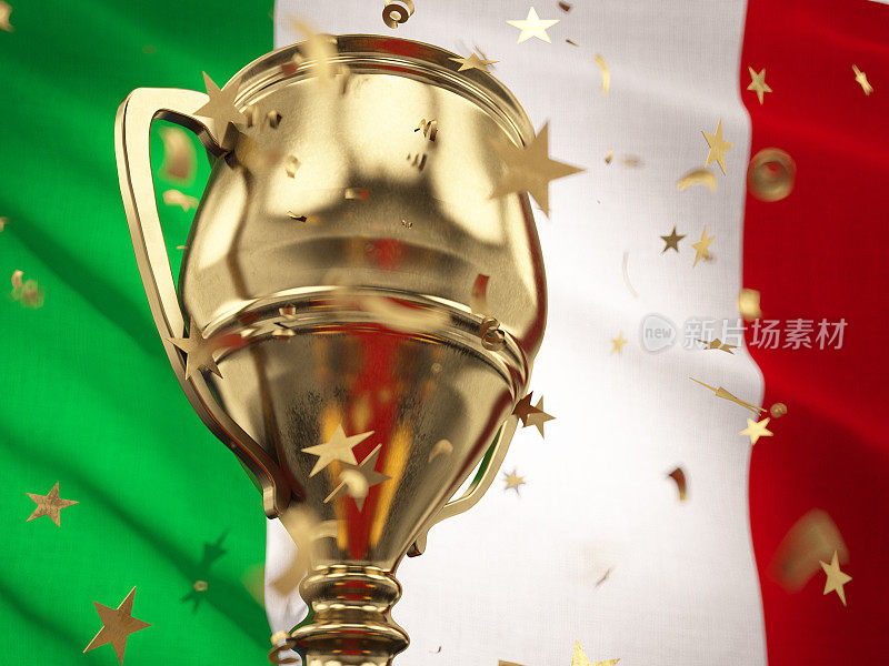 意大利冠军杯概念星形五彩纸屑落在带有意大利国旗的金杯上