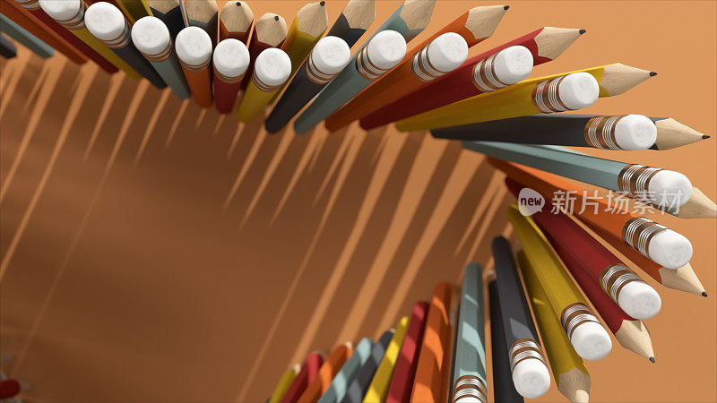 广告的概念。文具。铅笔垂直排列并沿着输送机移动的俯视图。橡皮擦。