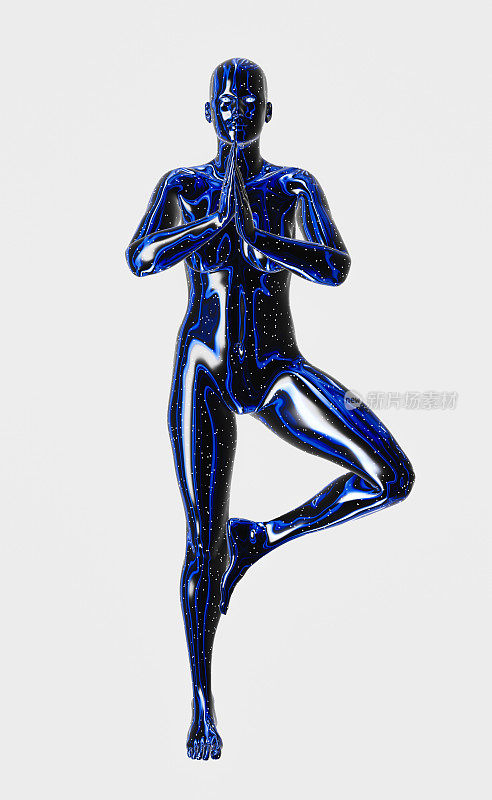 蓝色金属女性机器人瑜伽姿势