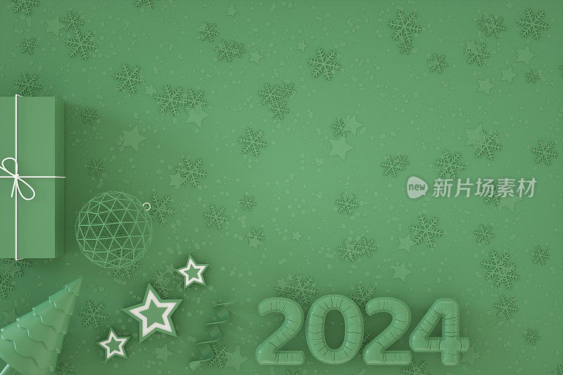 2024年新年气球与圣诞装饰绿色背景