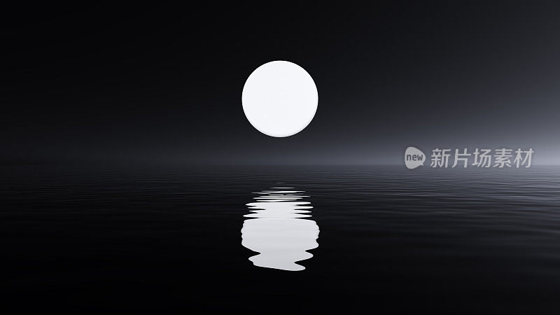 海面上的月亮。宁静祥和的风景在深灰色色调，电脑图形