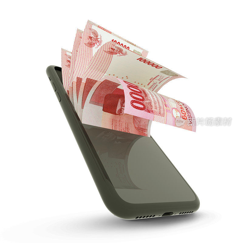 3D渲染印尼卢比纸币在白色背景孤立的手机内