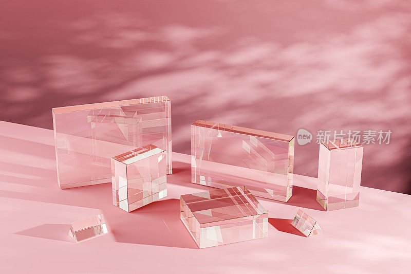 植入式广告讲台。不同高度的透明展示架优雅的粉色背景，在柔和的环境照明下，从香水到科技产品，清晰度非常适合强调任何产品