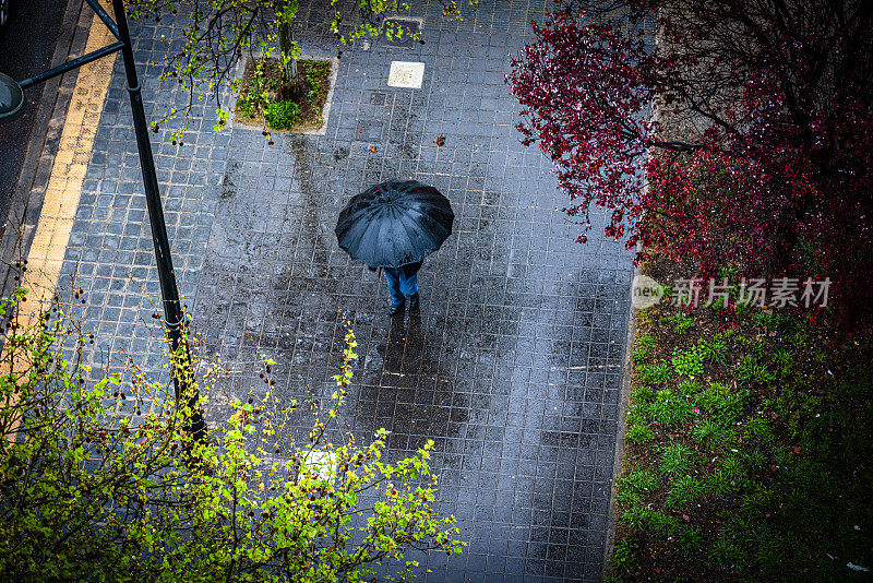 一个人撑着伞在雨天行走的俯视图