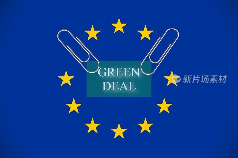 欧盟旗帜，上面写着绿色协议——气候中立的环境和生态政策。矢量图