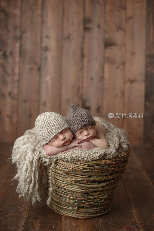 刚出生的双胞胎睡在篮子里