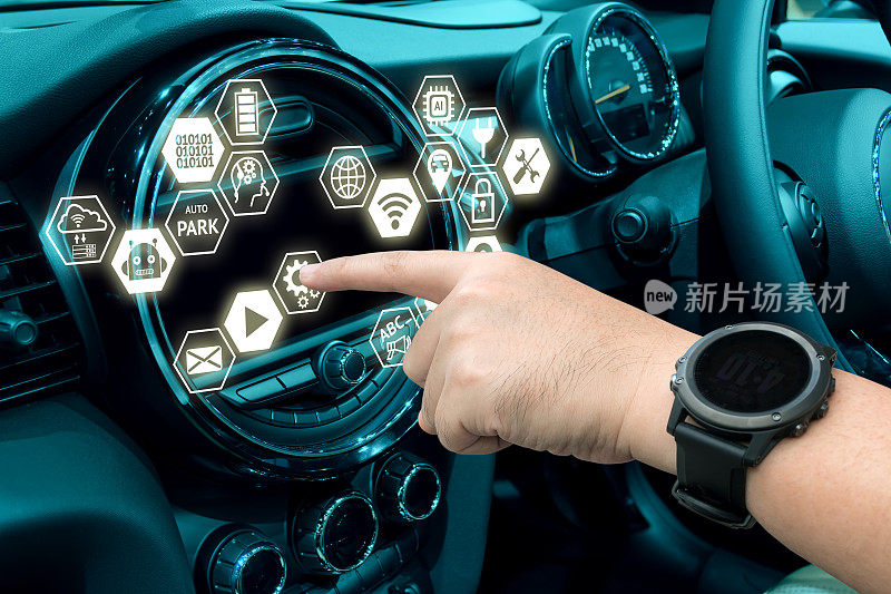 智能汽车和物联网(IOT)概念。手指指向汽车的控制台，屏幕上就会弹出图标。