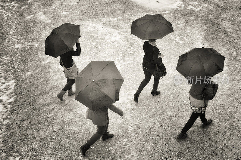 带着雨伞在雨中行走的身份不明的人