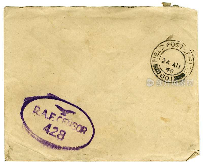 1945年巴黎的fpo801信封，皇家空军检查员
