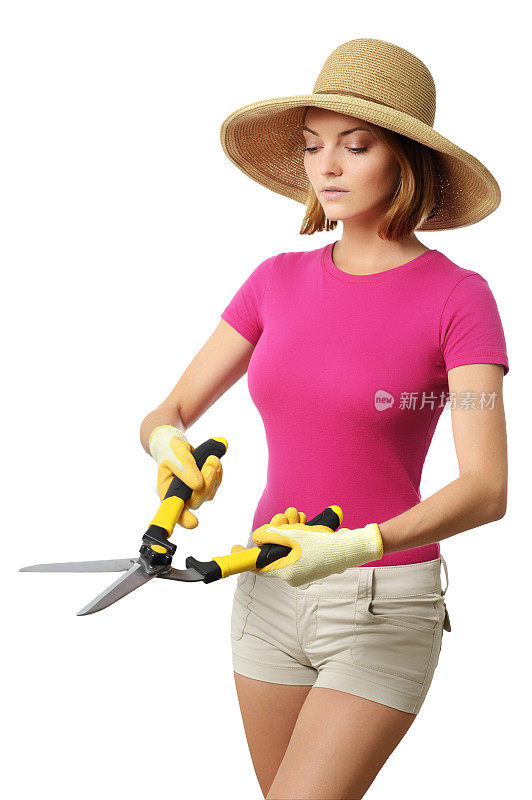 园丁女人与树篱修剪器孤立在白色的背景