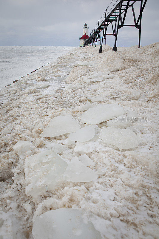 近距离观察在码头上形成的冰。